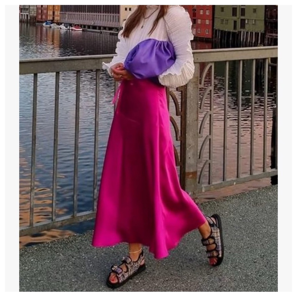 FUCHSIA Elastic Waist Casual Satin Midi Length Skirt LARGE